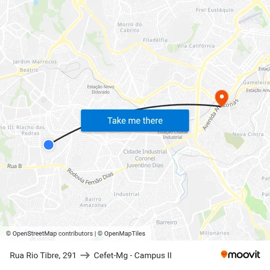 Rua Rio Tibre, 291 to Cefet-Mg - Campus II map