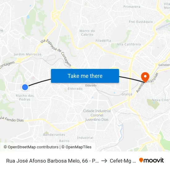 Rua José Afonso Barbosa Melo, 66 - Ponto Final Das Linhas 7100 E 7120 to Cefet-Mg - Campus II map