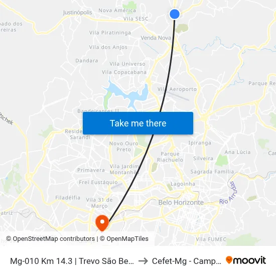 Mg-010 Km 14.3 | Trevo São Benedito to Cefet-Mg - Campus II map
