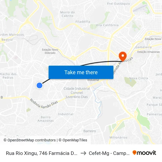 Rua Rio Xingu, 746 Farmácia Dornela to Cefet-Mg - Campus II map