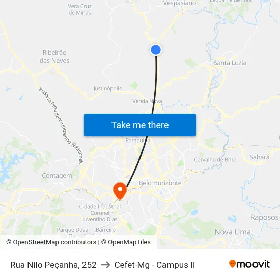Rua Nilo Peçanha, 252 to Cefet-Mg - Campus II map