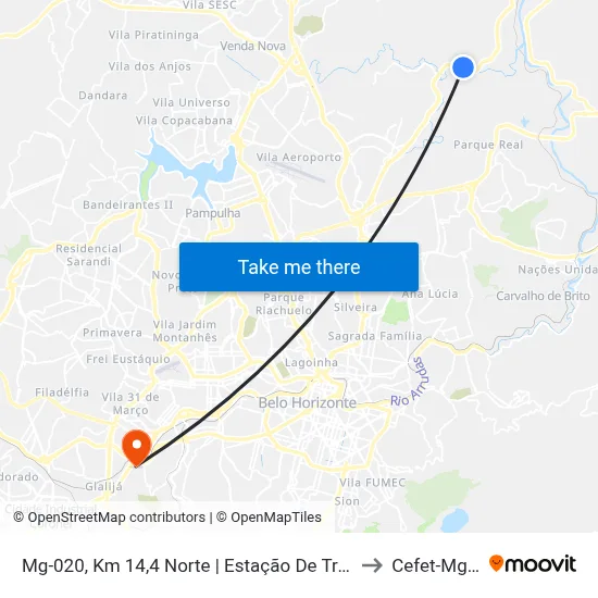 Mg-020, Km 14,4 Norte | Estação De Tratamento De Esgoto Do Onça - Ete Onça to Cefet-Mg - Campus II map