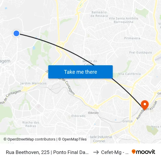 Rua Beethoven, 225 | Ponto Final Das Linhas 2550, 2560 E 2561 to Cefet-Mg - Campus II map