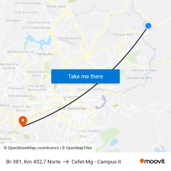 Br-381, Km 452,7 Norte to Cefet-Mg - Campus II map