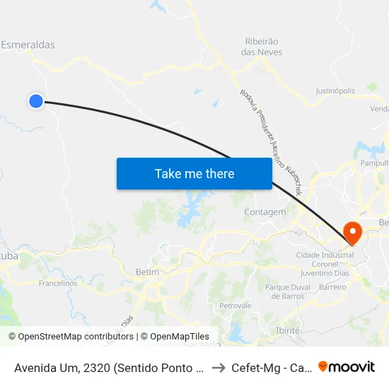 Avenida Um, 2320 (Sentido Ponto Final Dumaville) to Cefet-Mg - Campus II map