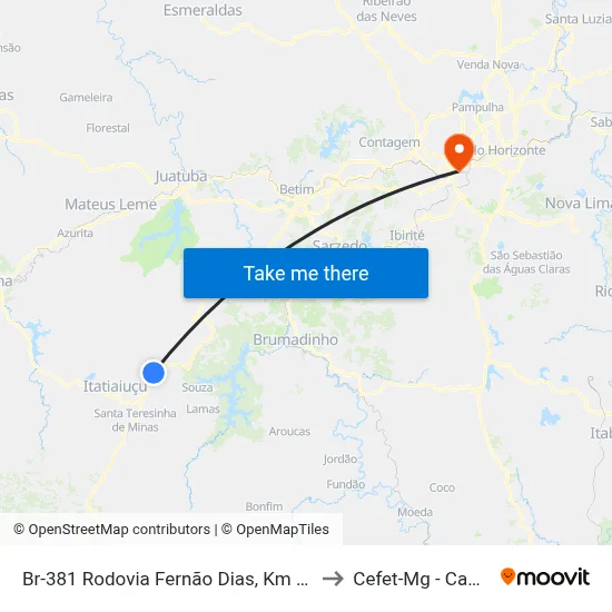 Br-381 Rodovia Fernão Dias, Km 533,2 Norte to Cefet-Mg - Campus II map