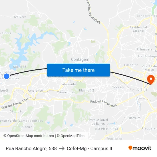 Rua Rancho Alegre, 538 to Cefet-Mg - Campus II map