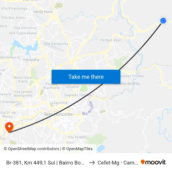 Br-381, Km 449,1 Sul | Bairro Bom Destino to Cefet-Mg - Campus II map