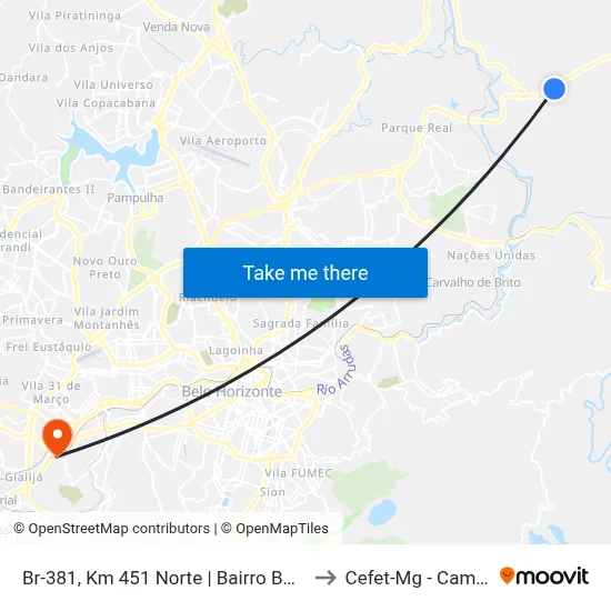 Br-381, Km 451 Norte | Bairro Borba Gato to Cefet-Mg - Campus II map