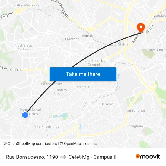 Rua Bonsucesso, 1190 to Cefet-Mg - Campus II map