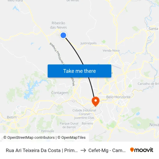 Rua Ari Teixeira Da Costa | Prima Linea to Cefet-Mg - Campus II map