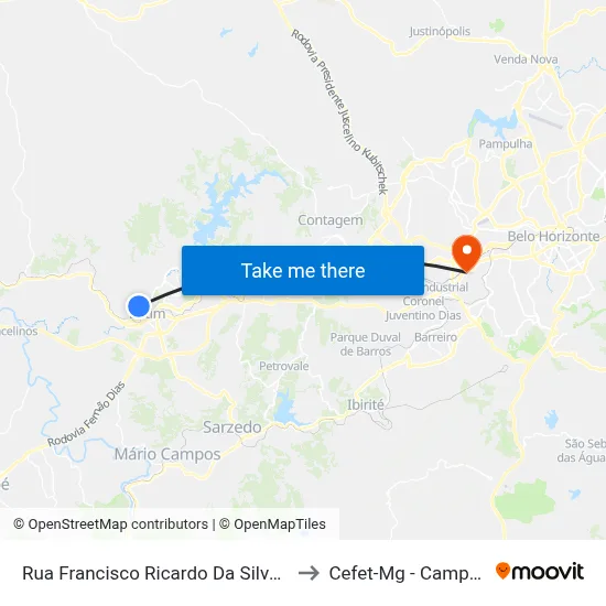 Rua Francisco Ricardo Da Silva, 647 to Cefet-Mg - Campus II map