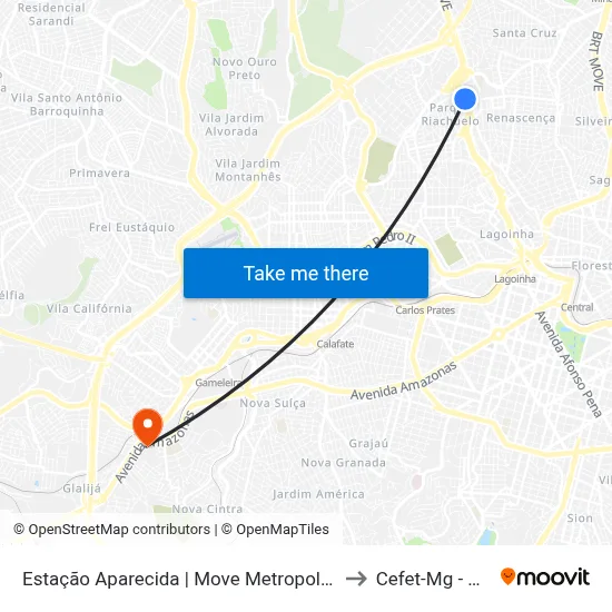 Estação Aparecida | Move Metropolitano - Sentido Centro to Cefet-Mg - Campus II map