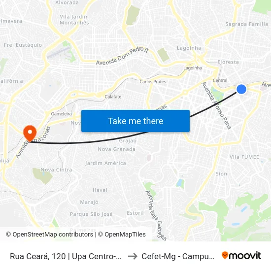 Rua Ceará, 120 | Upa Centro-Sul to Cefet-Mg - Campus II map