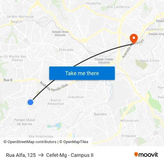 Rua Alfa, 125 to Cefet-Mg - Campus II map