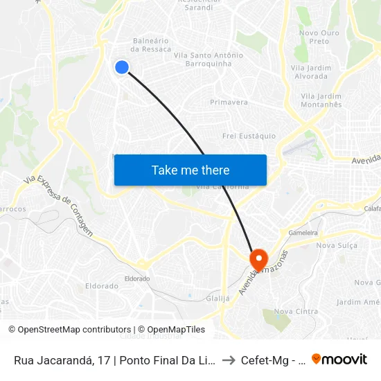 Rua Jacarandá, 17 | Ponto Final Da Linha 2110 No Jardim Laguna to Cefet-Mg - Campus II map