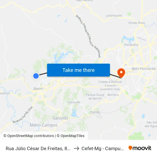 Rua Júlio César De Freitas, 850 to Cefet-Mg - Campus II map