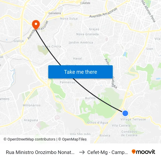 Rua Ministro Orozimbo Nonato, 102 to Cefet-Mg - Campus II map