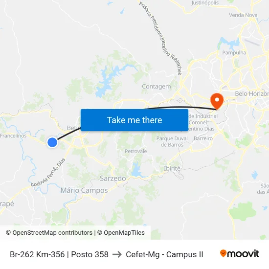Br-262 Km-356 | Posto 358 to Cefet-Mg - Campus II map