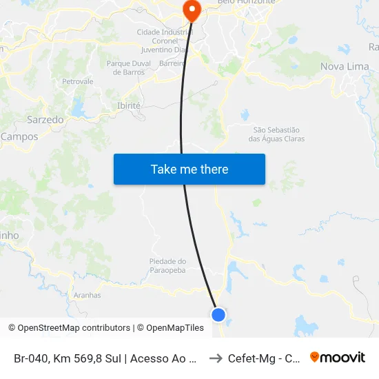 Br-040, Km 569,8 Sul | Acesso Ao Bairro Água Limpa to Cefet-Mg - Campus II map