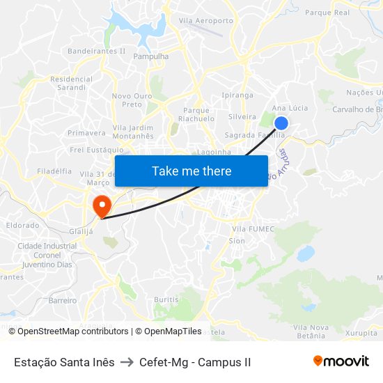 Estação Santa Inês to Cefet-Mg - Campus II map