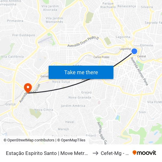 Estação Espírito Santo | Move Metropolitano - Plataforma 1b to Cefet-Mg - Campus II map