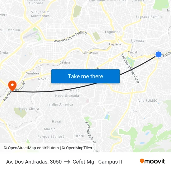 Av. Dos Andradas, 3050 to Cefet-Mg - Campus II map