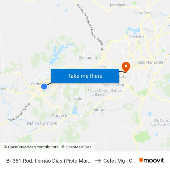 Br-381 Rod. Fernão Dias (Pista Marginal), Km 494,2 Sul to Cefet-Mg - Campus II map