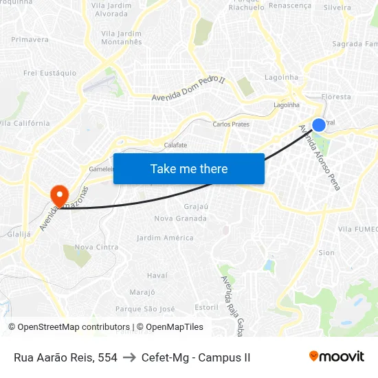 Rua Aarão Reis, 554 to Cefet-Mg - Campus II map