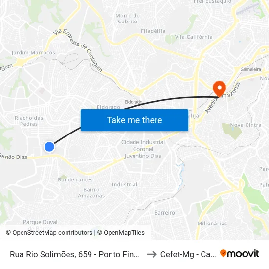 Rua Rio Solimões, 659 - Ponto Final Da Linha 1760 to Cefet-Mg - Campus II map