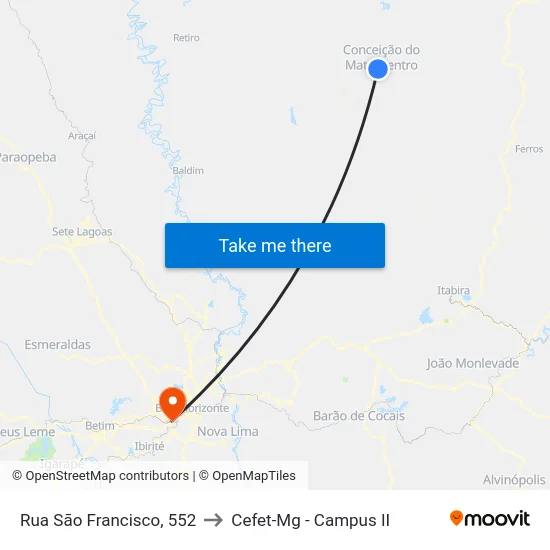Rua São Francisco, 552 to Cefet-Mg - Campus II map