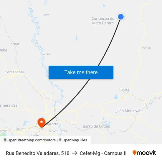 Rua Benedito Valadares, 518 to Cefet-Mg - Campus II map