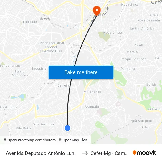 Avenida Deputado Antônio Lunardi, 550 to Cefet-Mg - Campus II map