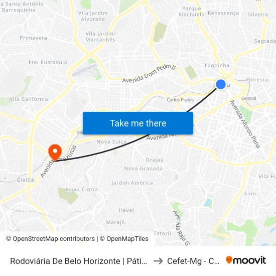 Rodoviária De Belo Horizonte | Pátio Externo - Ponto 3 to Cefet-Mg - Campus II map