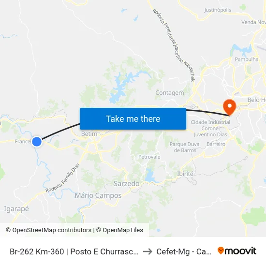 Br-262 Km-360 | Posto E Churrascaria Beija-Flor to Cefet-Mg - Campus II map