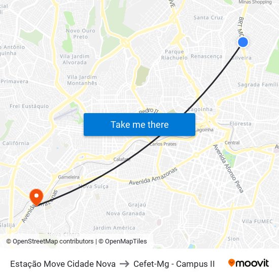 Estação Move Cidade Nova to Cefet-Mg - Campus II map