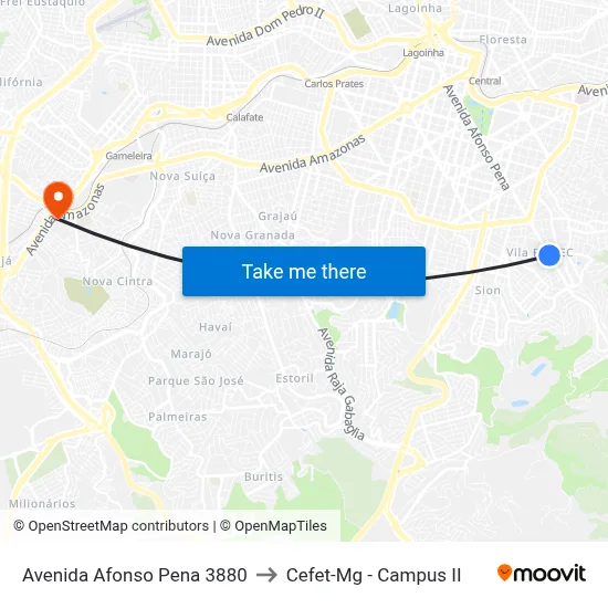 Avenida Afonso Pena 3880 to Cefet-Mg - Campus II map