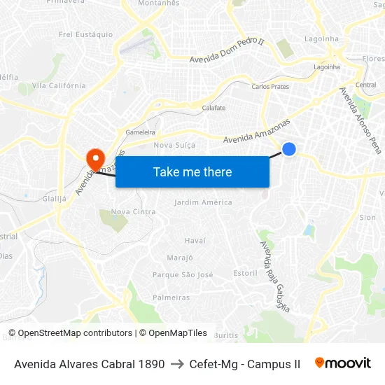Avenida Alvares Cabral 1890 to Cefet-Mg - Campus II map