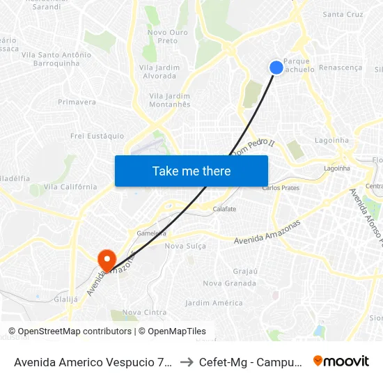 Avenida Americo Vespucio 780 to Cefet-Mg - Campus II map