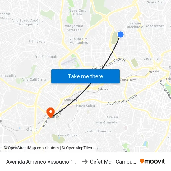Avenida Americo Vespucio 1271 to Cefet-Mg - Campus II map