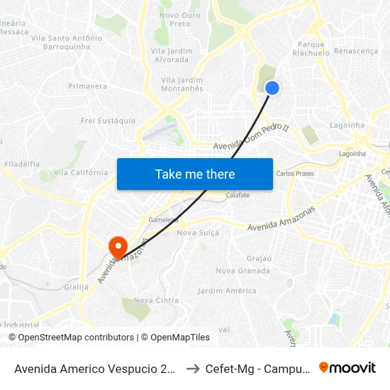 Avenida Americo Vespucio 2000 to Cefet-Mg - Campus II map