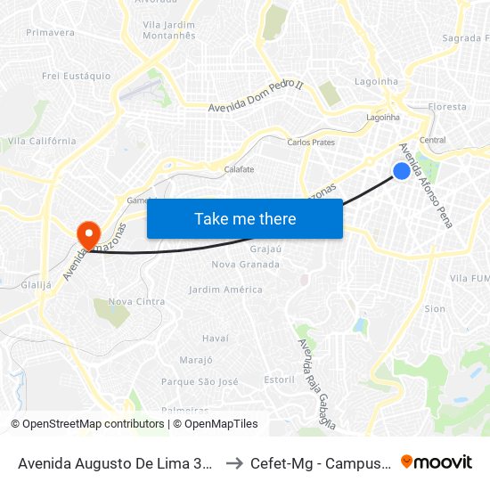 Avenida Augusto De Lima 325 to Cefet-Mg - Campus II map