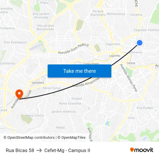 Rua Bicas 58 to Cefet-Mg - Campus II map
