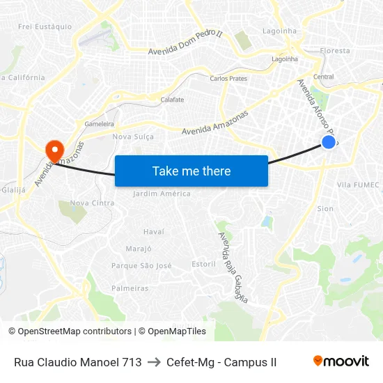 Rua Claudio Manoel 713 to Cefet-Mg - Campus II map
