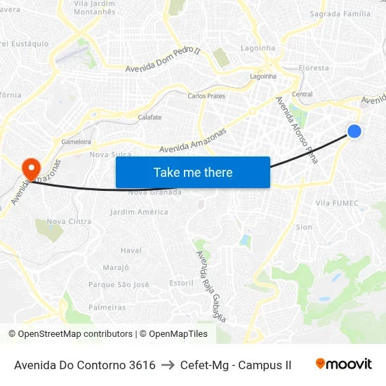 Avenida Do Contorno 3616 to Cefet-Mg - Campus II map