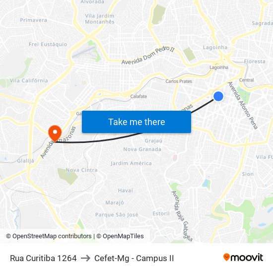Rua Curitiba 1264 to Cefet-Mg - Campus II map