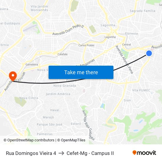 Rua Domingos Vieira 4 to Cefet-Mg - Campus II map