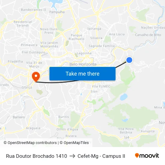 Rua Doutor Brochado 1410 to Cefet-Mg - Campus II map
