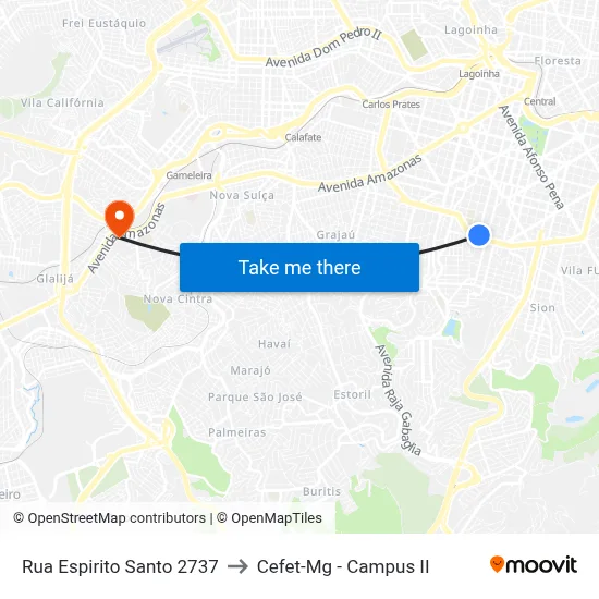 Rua Espirito Santo 2737 to Cefet-Mg - Campus II map