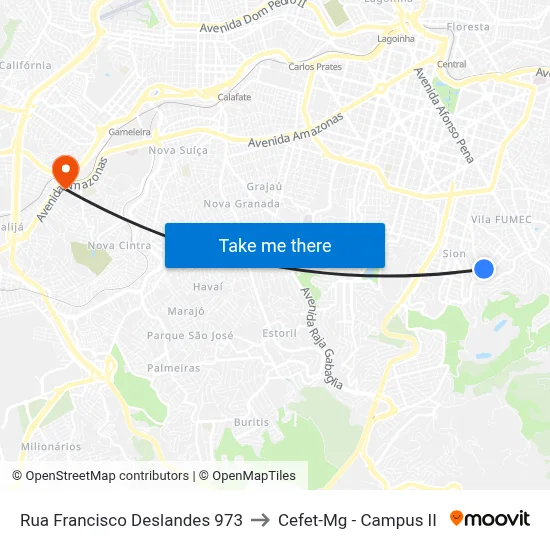 Rua Francisco Deslandes 973 to Cefet-Mg - Campus II map
